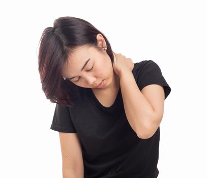 Young woman pain in neck isolated white background.