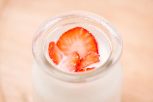 Strawberry Yoghurt. Healthy food with Strawberries and yoghurt breakfast on table.