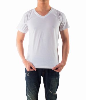 Young man with blank white shirt isolated white background, on front