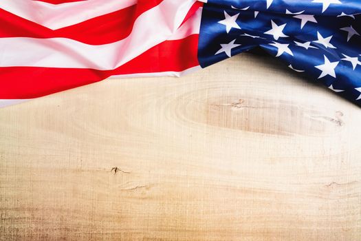USA flag, America flag on wooden background with copy space