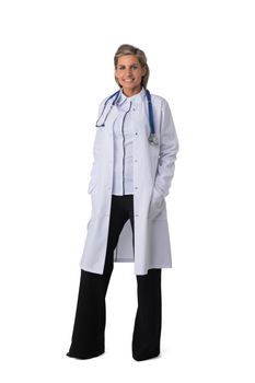 Full length portrait of smiling female doctor isolated on white background. Medical staff