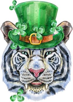 Watercolor illustration of white tiger wearing a green leprechaun hat