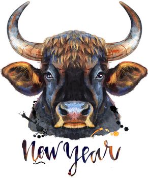 Bull with the inscription New Year. Watercolor graphics. Bull animal illustration with splashes watercolor textured background.