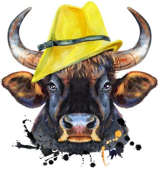 Bull in yellow hat. Watercolor graphics. Bull animal illustration with splashes.