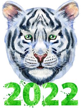 Watercolor illustration of white tiger with number two thousand and twenty two