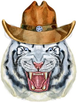 White aggressive tiger in cowboy hat with open mouth and huge fangs