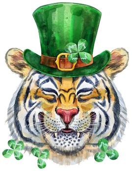 Watercolor illustration of orange smiling tiger wearing a green leprechaun hat