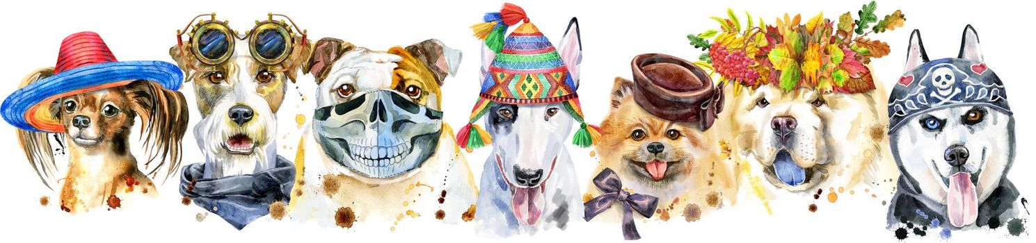 Cute border from watercolor portraits of dogs. For t-shirt graphics. Watercolor dogs illustration