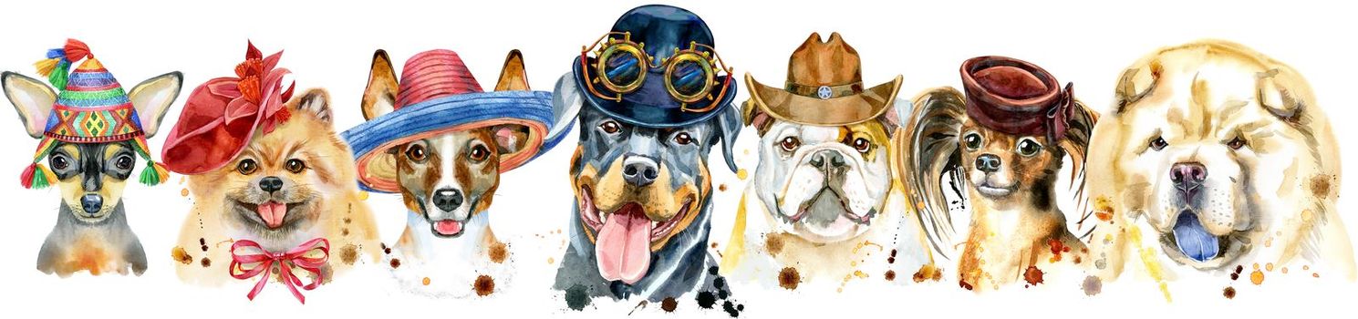 Cute border from watercolor portraits of dogs. For t-shirt graphics. Watercolor dogs illustration