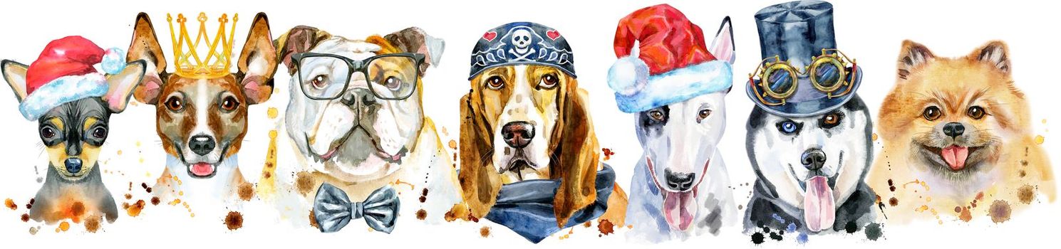 Cute border from watercolor portraits of dogs. For t-shirt graphics. Watercolor dogs illustration