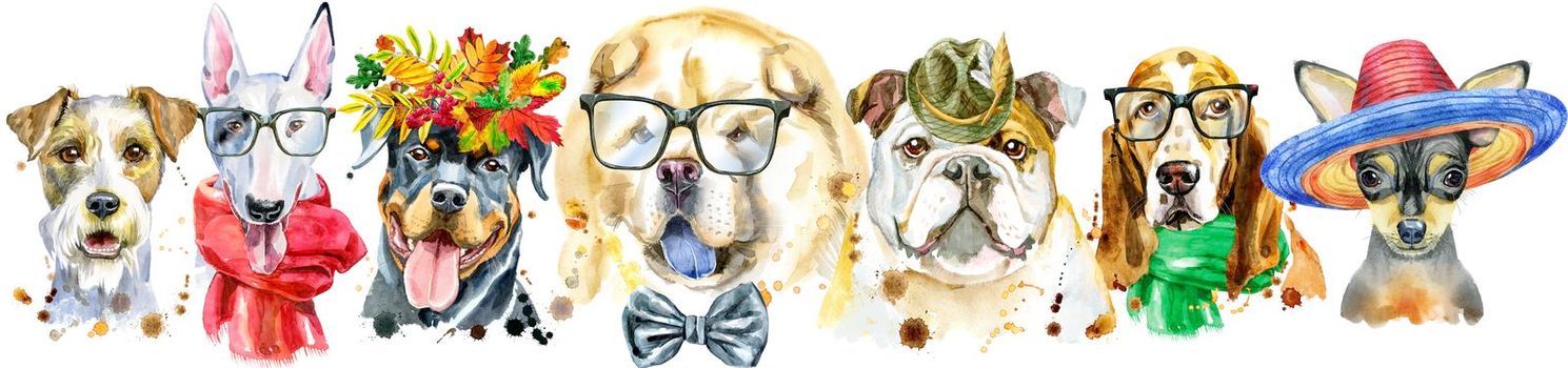 Cute border from watercolor portraits of dogs. For t-shirt graphics. Watercolor dogs illustration