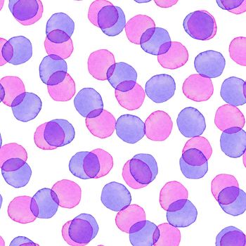 Hand Painted Brush Polka Dot Girly Seamless Watercolor Pattern. Abstract watercolour Round Circles in Purple Blue Color. Artistic Design for Fabric and Background.