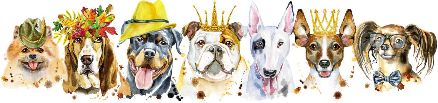 Cute border from watercolor portraits of dogs. For t-shirt graphics. Watercolor dogs illustration