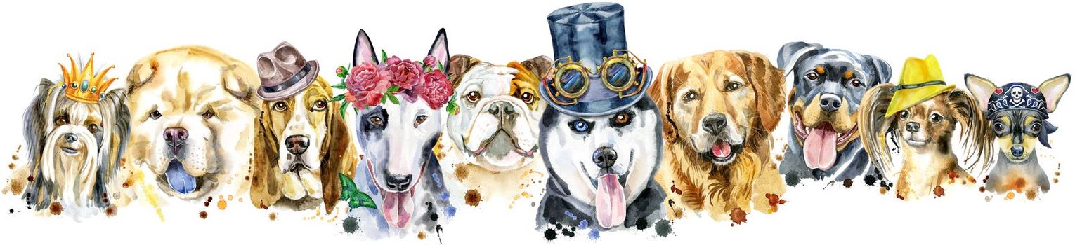 Cute border from watercolor portraits of dogs. For t-shirt graphics. Watercolor dogs illustration