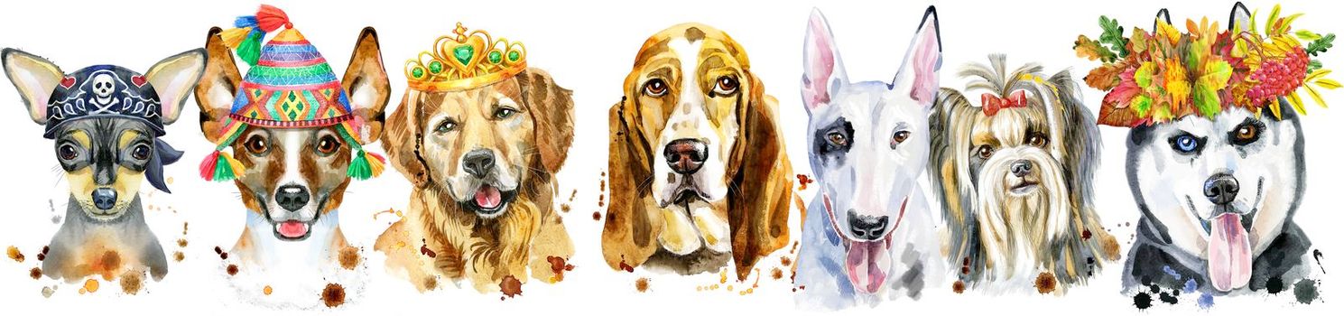 Cute border from watercolor portraits of dogs. For t-shirt graphics. Watercolor dogs illustration