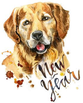 Cute Dog. Dog T-shirt graphics. watercolor golden retriever illustration with the inscription New Year