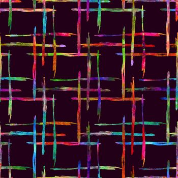 Watercolor Brush Plaid Seamless Pattern Grange Check Geometric Design in Rainbow Color. Modern Strokes Grung Collage Background for kids fabric and textile.