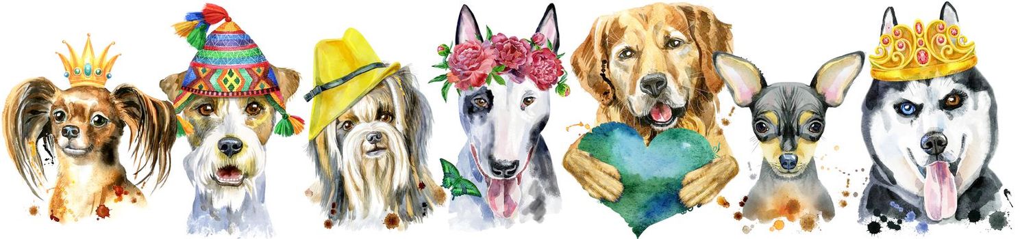 Cute border from watercolor portraits of dogs. For t-shirt graphics. Watercolor dogs illustration