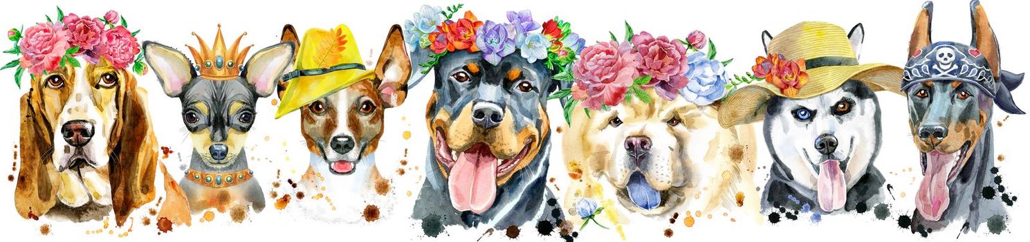 Cute border from watercolor portraits of dogs. For t-shirt graphics. Watercolor dogs illustration