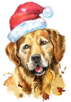 Cute Dog. Dog T-shirt graphics. watercolor golden retriever illustration with Santa hat. New year 2018