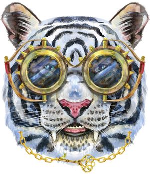 Watercolor illustration of white tiger with glasses in steampunk style