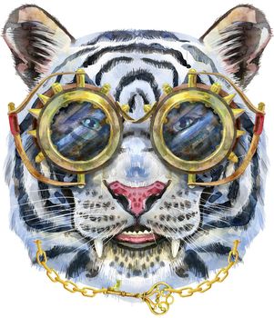 Watercolor illustration of white tiger with glasses in steampunk style