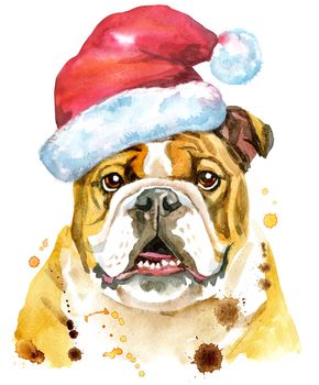 Cute Dog. Dog T-shirt graphics. watercolor Dog illustration with Santa hat