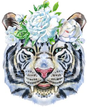 Watercolor illustration of white tiger in a wreath of white flowers