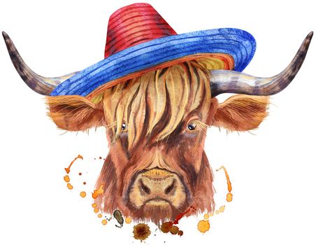 Bull bull in a sombrero hat watercolor graphics. Bull animal illustration with splash watercolor textured background.