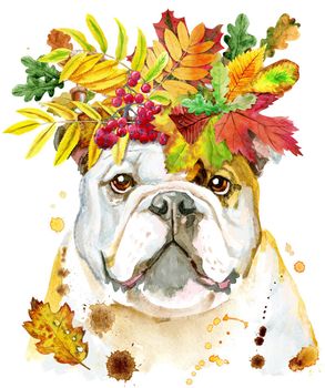 Cute Dog. Dog T-shirt graphics. Watercolor dog with wreath of autumn leaves