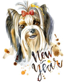 Dog, yorkie on white background. Hand drawn sweet pet illustration with the inscription New Year. Symbol of the year 2018
