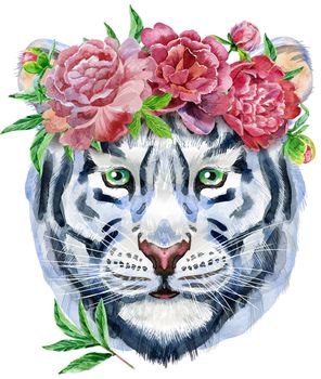 Watercolor illustration of white smiling tiger in wreath of peonies