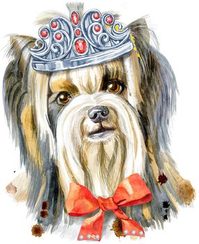 Dog, yorkie in silwer crown with red bow on white background. Hand drawn sweet pet illustration.