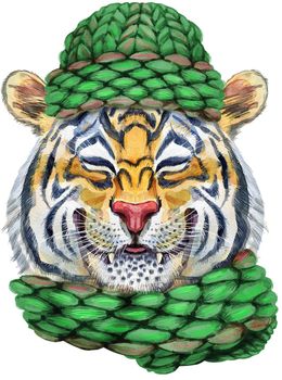 Watercolor illustration of orange smiling tiger a tiger in a knitted green hat