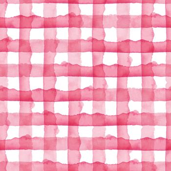 Watercolor Check Geometric Seamless Pattern Background. Plaid in Pink Girly Color. Hand Painted Simple Design with Stripes