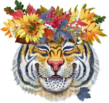 Watercolor illustration of orange smiling tiger in a wreath of autumn leaves