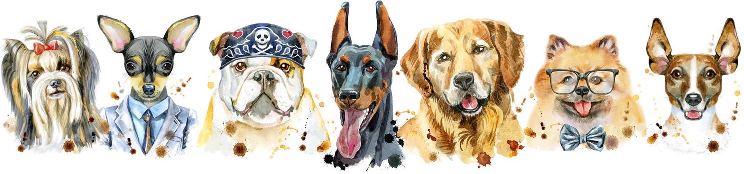 Cute border from watercolor portraits of dogs. For t-shirt graphics. Watercolor dogs illustration