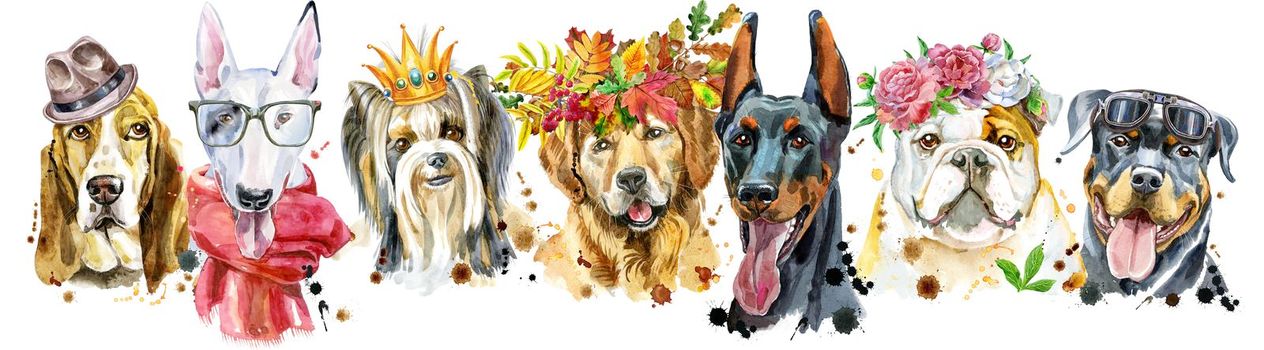 Cute border from watercolor portraits of dogs. For t-shirt graphics. Watercolor dogs illustration