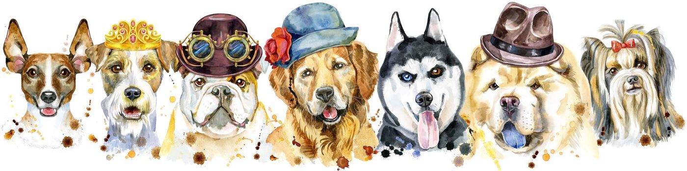 Cute border from watercolor portraits of dogs. For t-shirt graphics. Watercolor dogs illustration