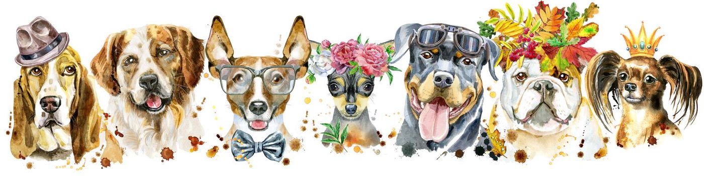 Cute border from watercolor portraits of dogs. For t-shirt graphics. Watercolor dogs illustration