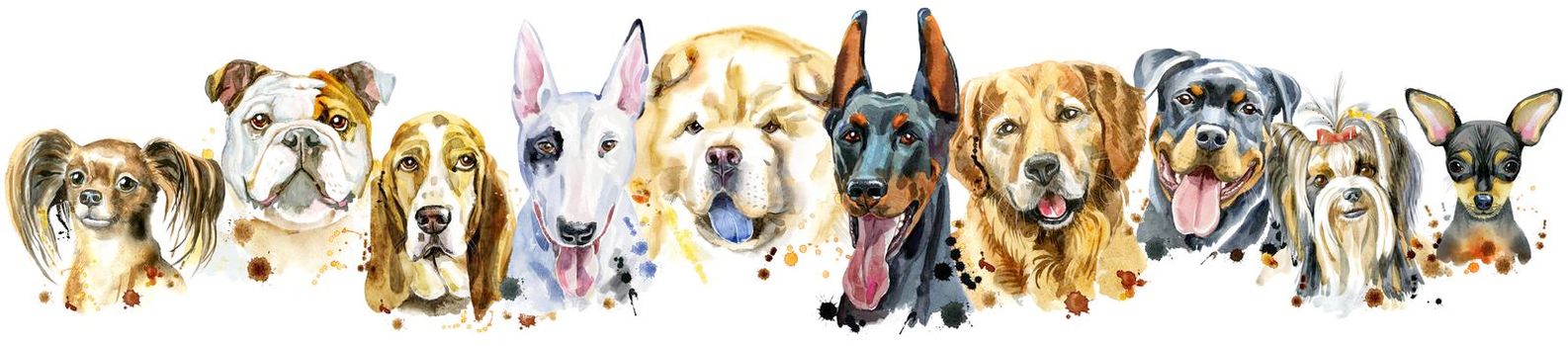 Cute border from watercolor portraits of dogs. For t-shirt graphics. Watercolor dogs illustration