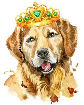 Cute Dog with crown. Dog T-shirt graphics. watercolor golden retriever illustration