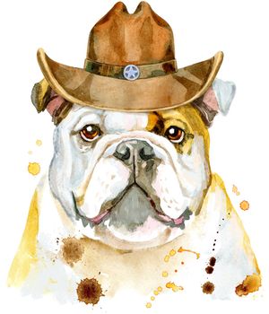 Cute Dog with cowboy hat. Dog T-shirt graphics. watercolor Dog illustration