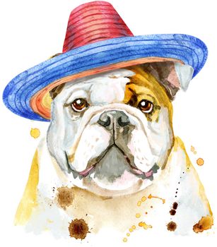 Cute Dog in sombrero hat. Dog T-shirt graphics. watercolor Dog illustration