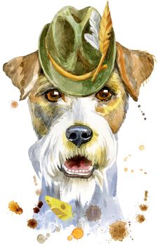 Cute Dog tyrolean hat. Dog T-shirt graphics. watercolor airedale terrier illustration