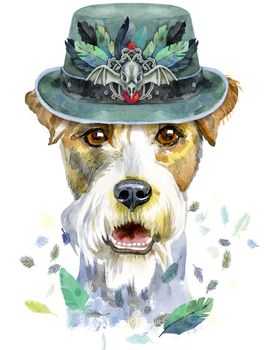 Cute Dog in olive hat with raven skull and feathers. Dog T-shirt graphics. watercolor airedale terrier illustration