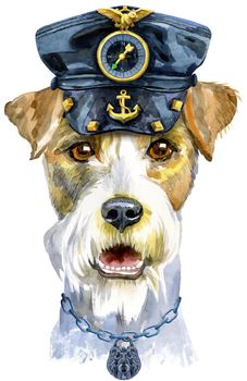 Cute Dog in leather cap. Dog T-shirt graphics. watercolor airedale terrier illustration