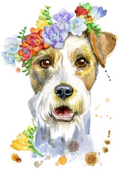 Cute Dog. Dog T-shirt graphics. watercolor airedale terrier illustration with flowers