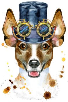 Cute Dog in hat cylinder and steampunk glasses. Dog T-shirt graphics. watercolor jack russell terrier illustration