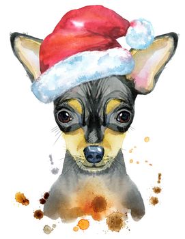 Cute Dog. Dog for T-shirt graphics. watercolor toy terrier illustration with Santa hat